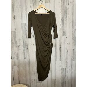 Hot Kiss Olive Green Draped Maxi Dress Ruched Side Long Sleeve Size XL
